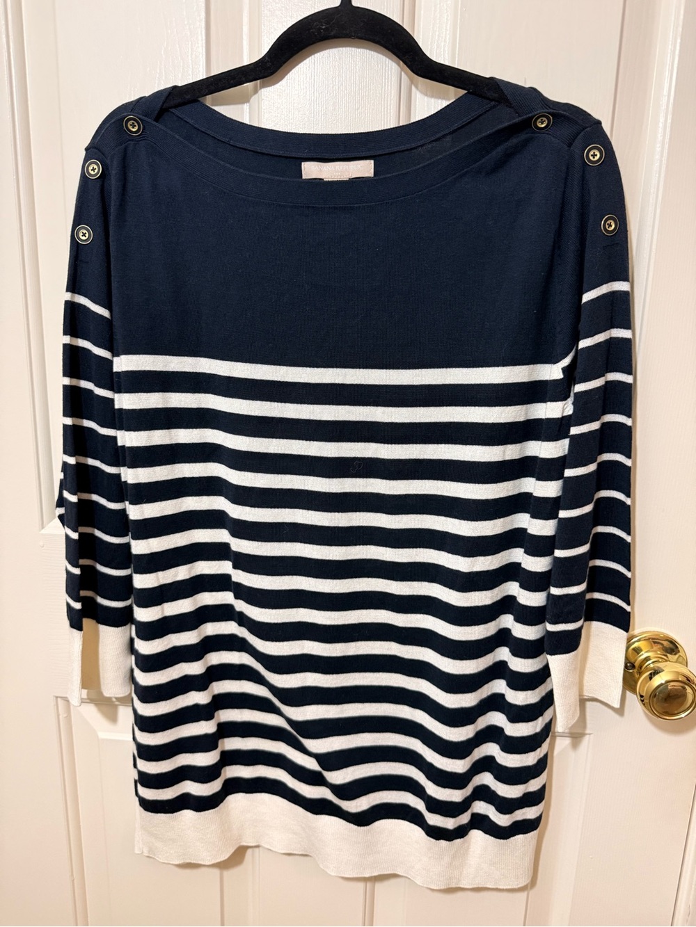 Banana Republic Navy and White Striped Boatneck Tunic with Button-Shoulder
